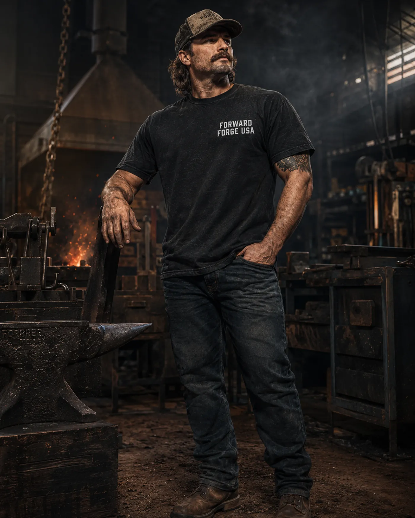 Free Chud The Builder support tee, front view showing the small Forward Forge USA chest mark, worn at the forge.